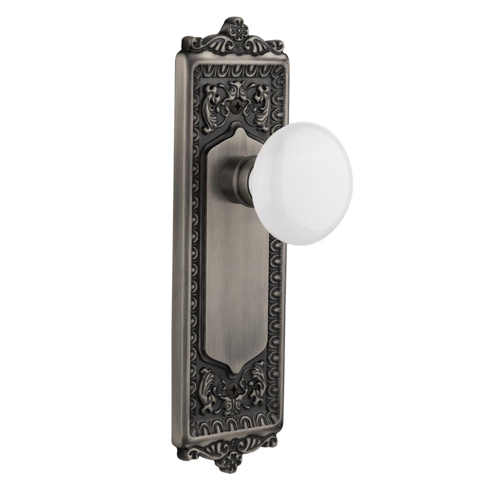 Nostalgic Warehouse EADWHI Privacy Knob Egg and Dart Plate with White Porcelain Knob in Antique Pewter